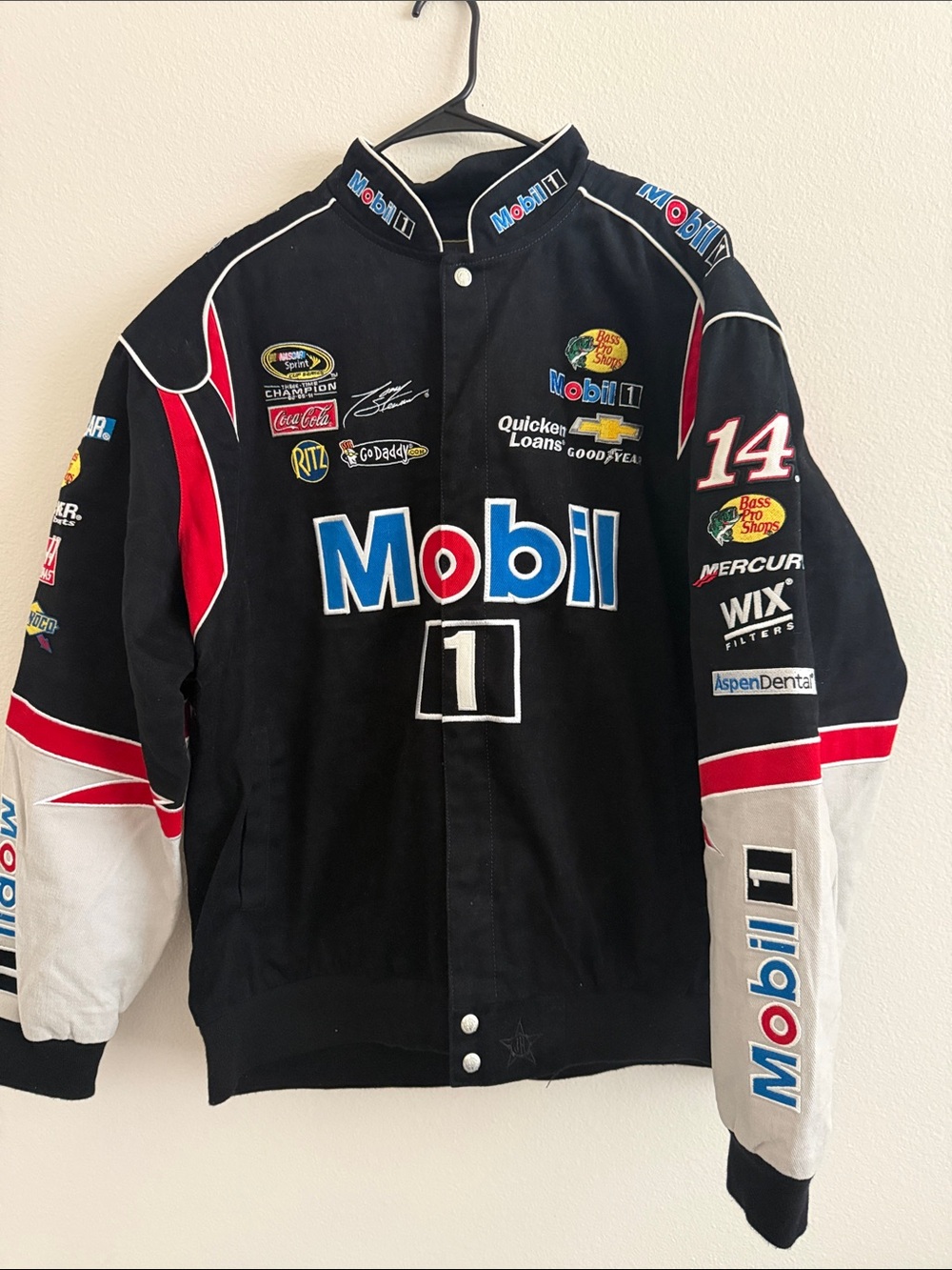 Nascar Mobil 1 Black Racing Bomber Jacket with Red & White Accents